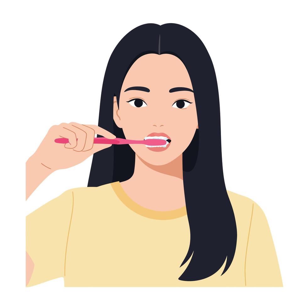 Detailed illustration of a woman brushing her teeth in a minimal style art vector