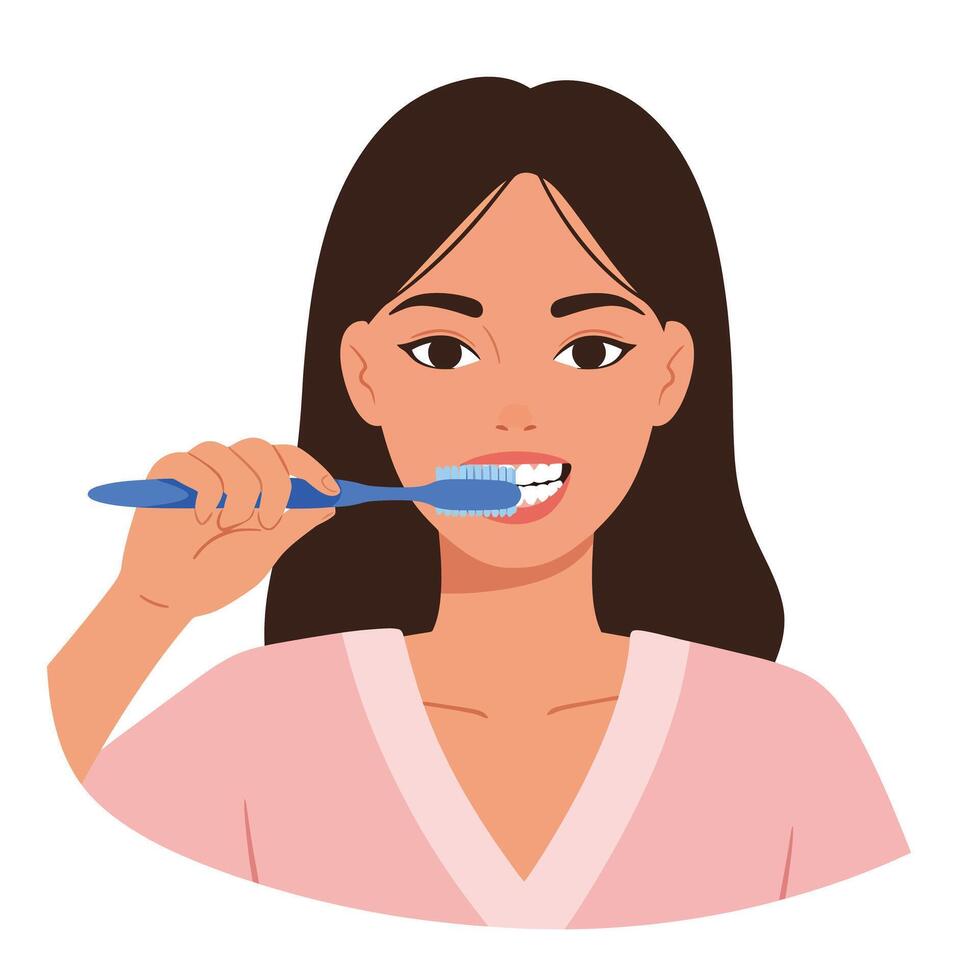 Woman brushing teeth in minimal flat style illustration vector