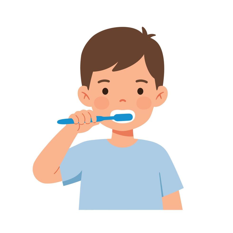 Young boy brushing teeth in flat design style art vector
