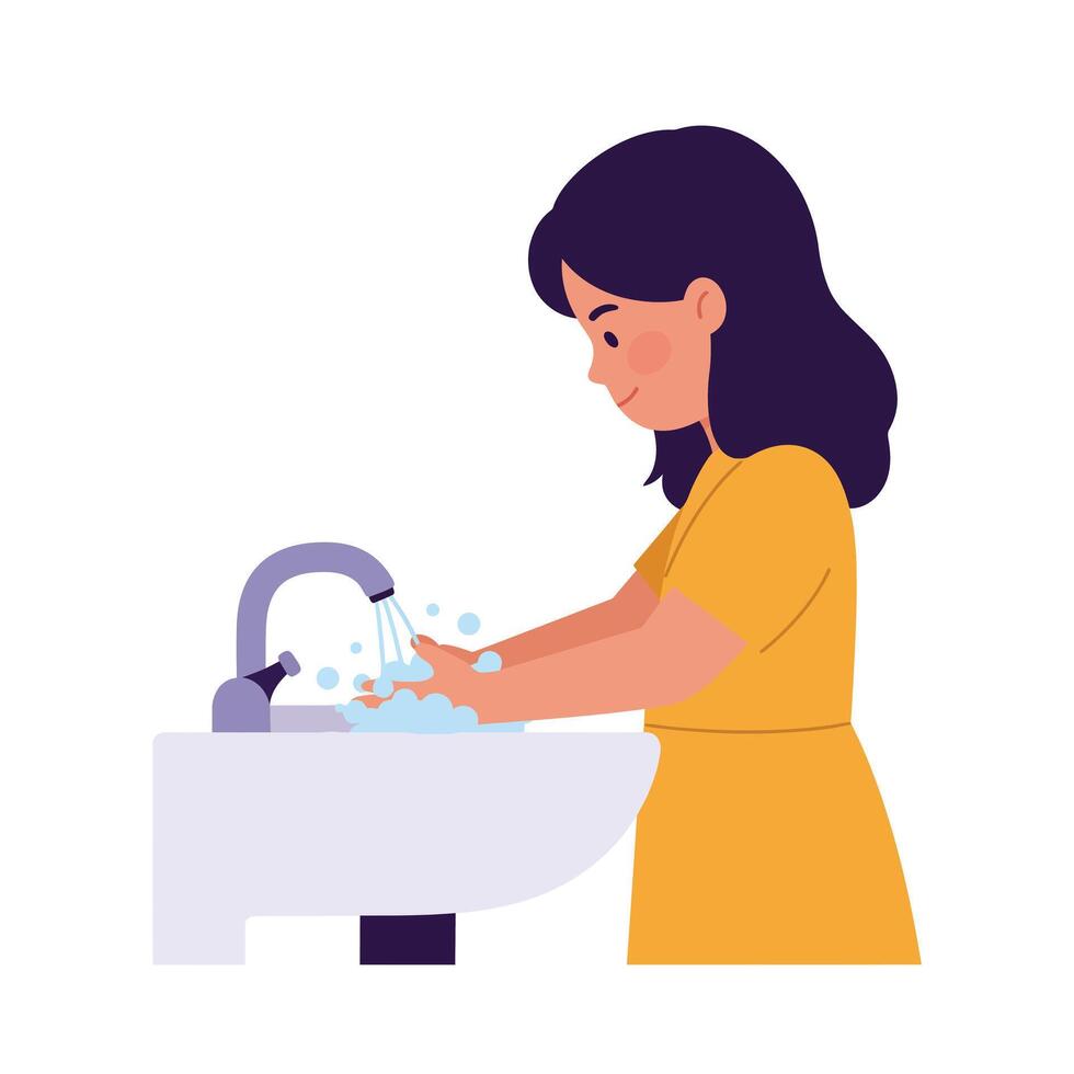 Woman washing hands at sink in minimal flat art vector