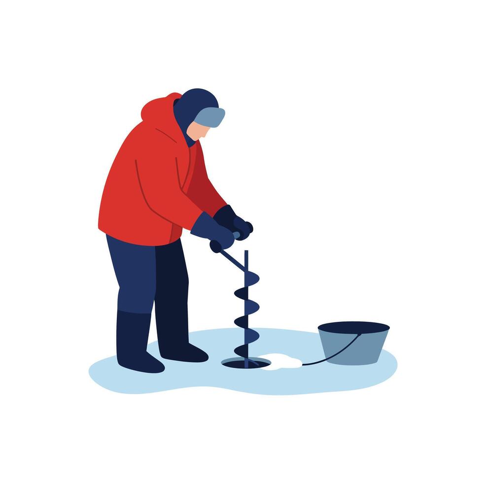 Ice fishing scene with person using auger in minimal illustration vector