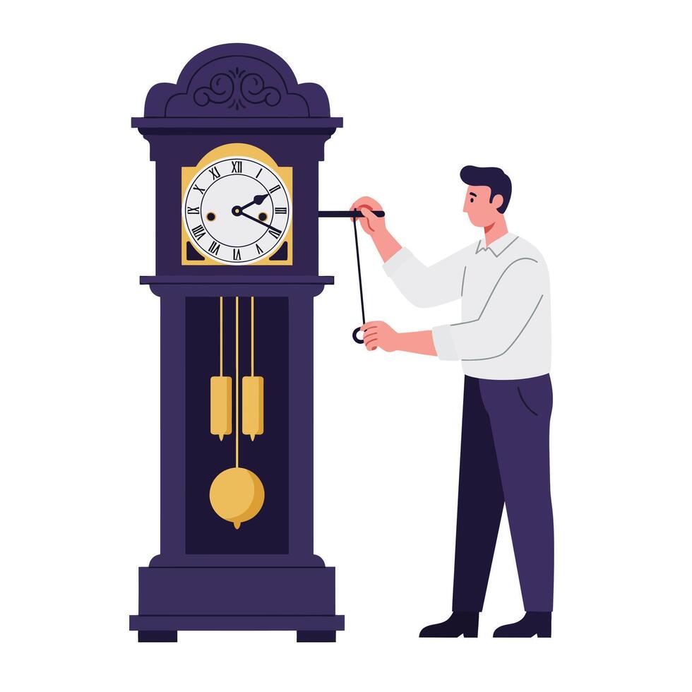 Man adjusting pendulum of classic grandfather clock in flat illustration vector