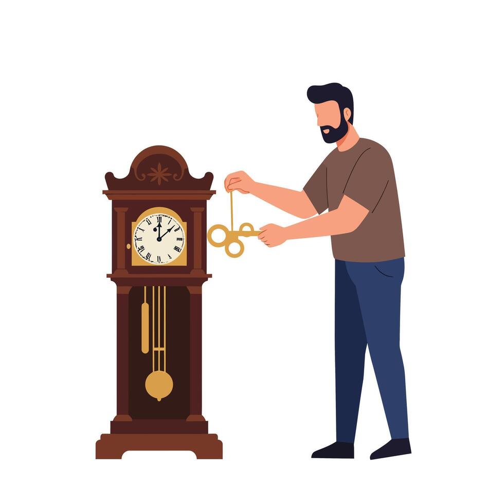 Man adjusting pendulum on antique clock in flat art style vector