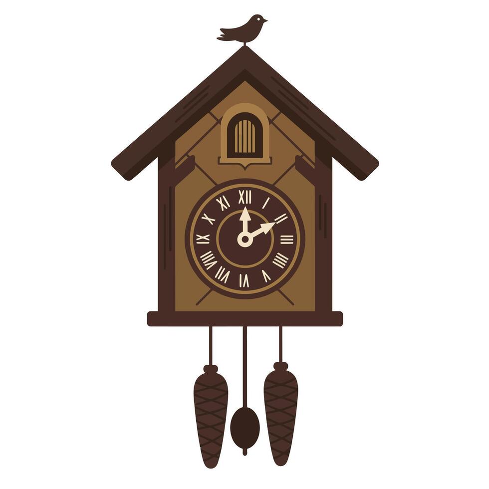 Cuckoo clock design in flat style with bird, pine cones, and detailed art vector