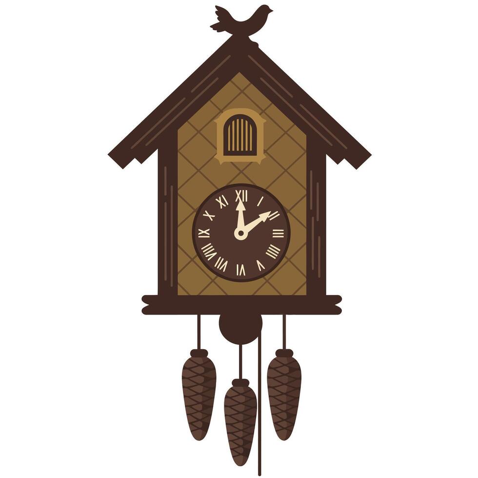 Detailed cuckoo clock design in flat style featuring bird and pinecones art vector