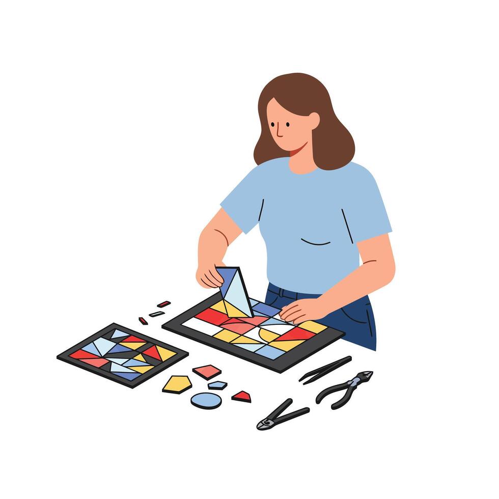 Woman arranging colorful shapes in flat design style art vector