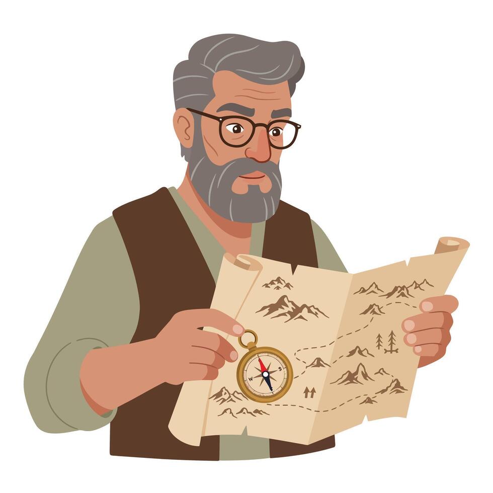Elderly man examining a treasure map in flat design art vector
