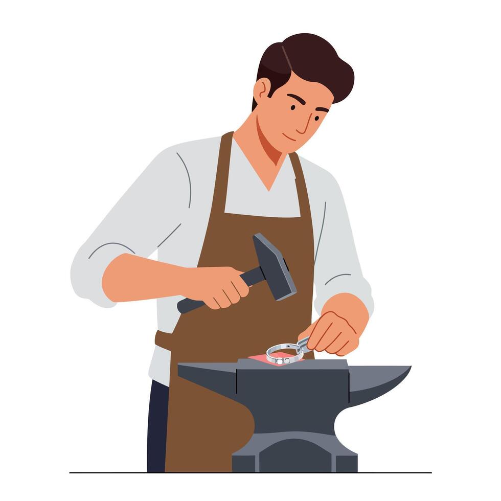 Skilled blacksmith shaping metal with hammer in minimal flat design art vector