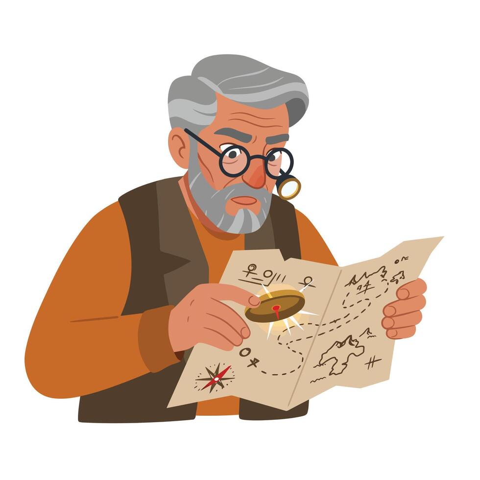 Elderly explorer studying treasure map in flat art style with detailed elements illustration vector