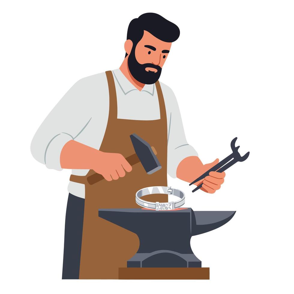 Craftsman shaping metal on an anvil in flat art style vector