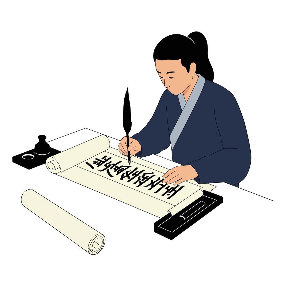 Traditional calligraphy artist creating beautiful script in flat illustration vector