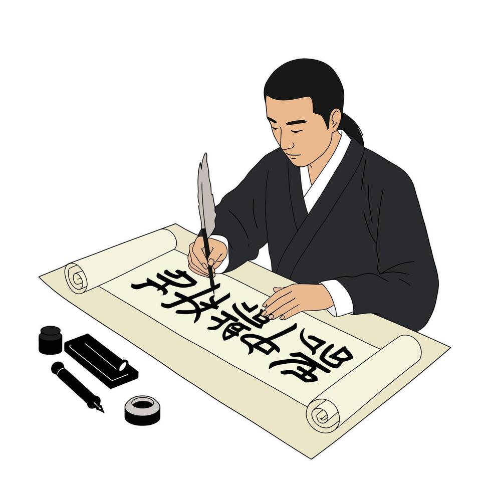 Man Writing Calligraphy on Scroll in Minimal Style Art vector