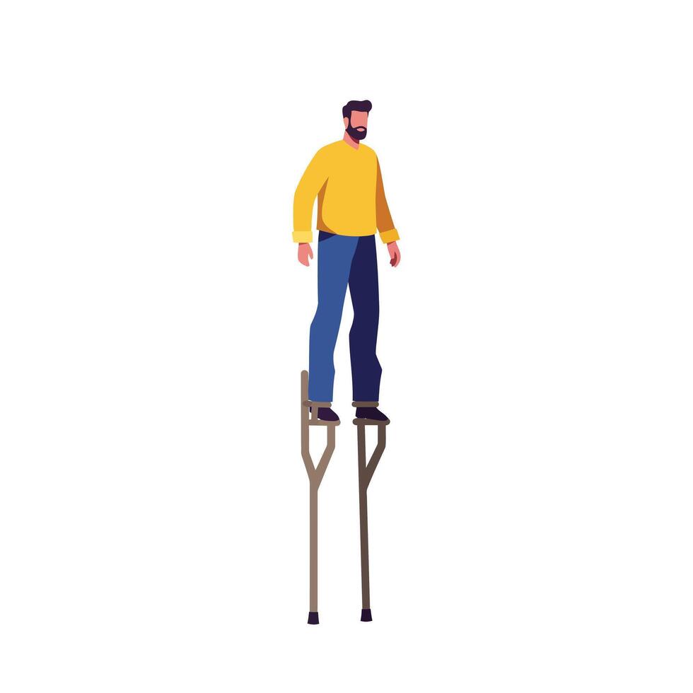 Man balancing on stilts in a flat, colorful design illustration vector