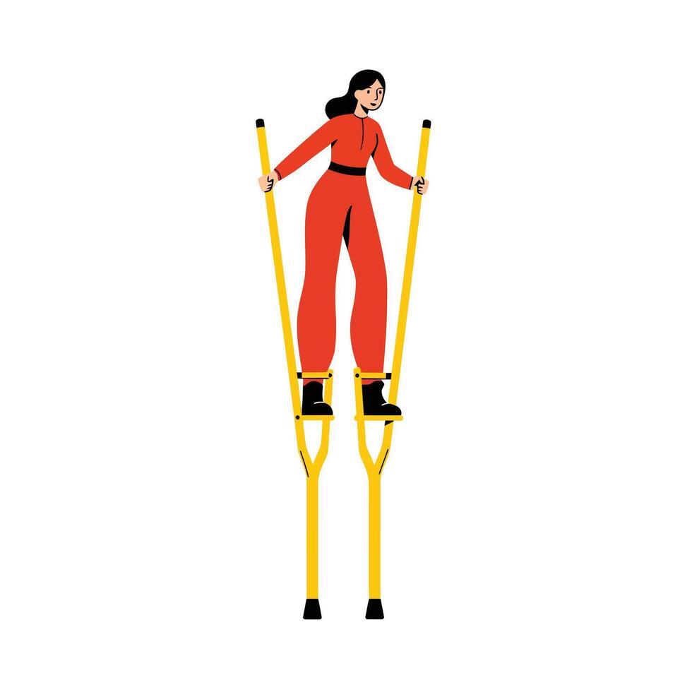 Woman performing on yellow stilts in flat design art vector