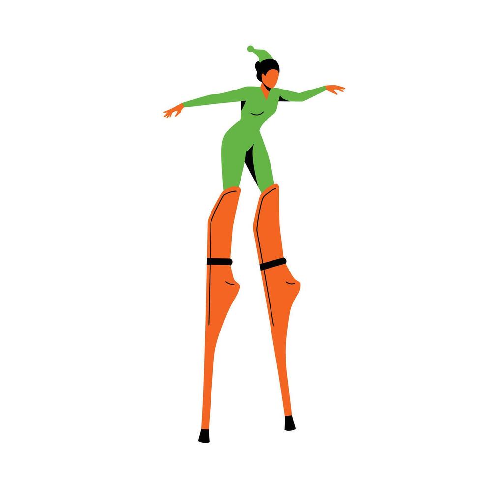 Stilt walker performing graceful dance in vibrant colors, flat design art vector