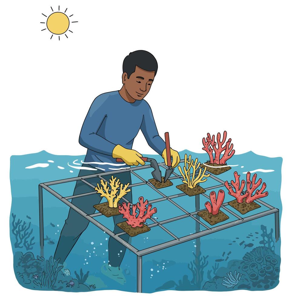 Coral restoration project with vibrant colors and minimal design style illustration vector