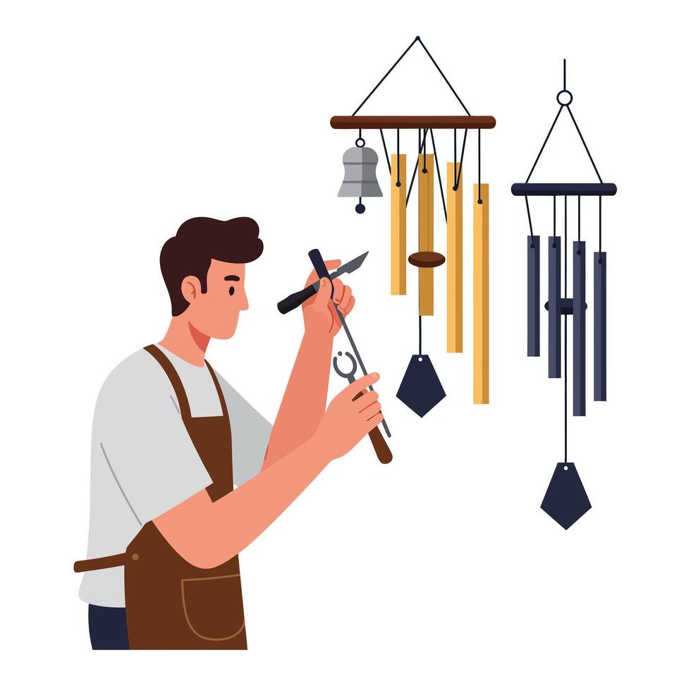Craftsman working on wind chimes with tools in flat illustration vector