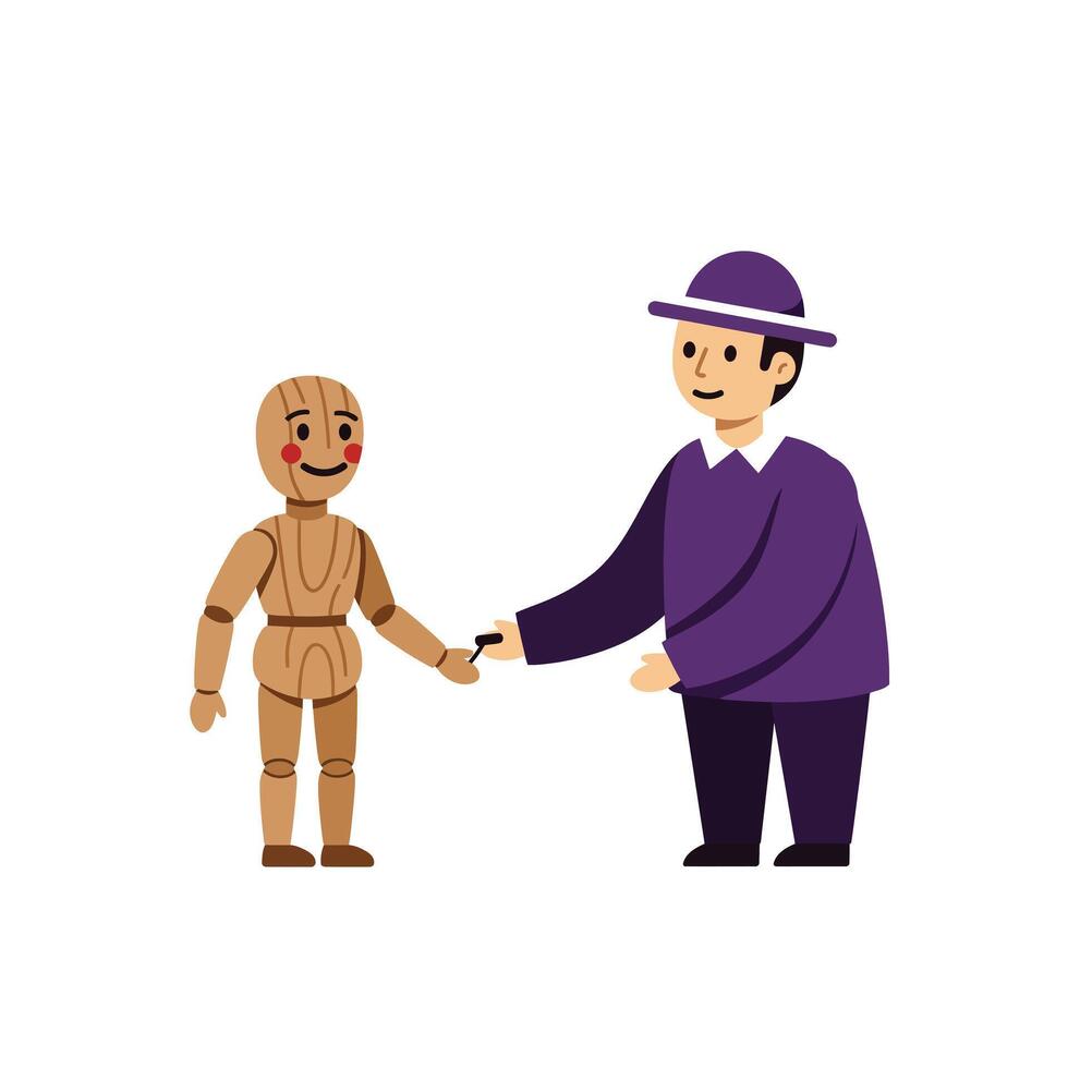 Friendly interaction between a puppet and a person in flat art vector
