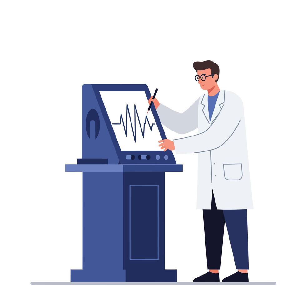 Scientist analyzing data on digital screen in flat art style vector