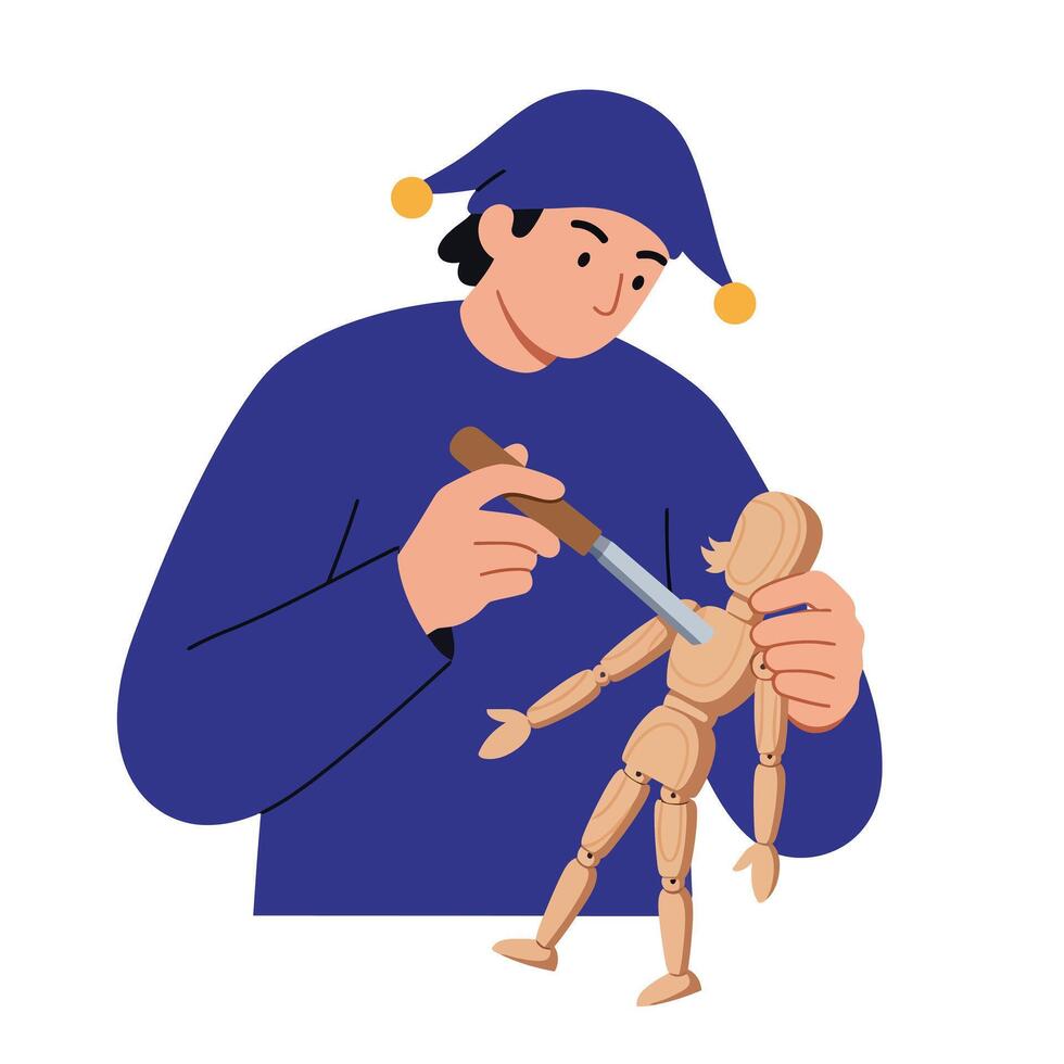 Craftsperson carving a wooden puppet in minimal illustration style vector