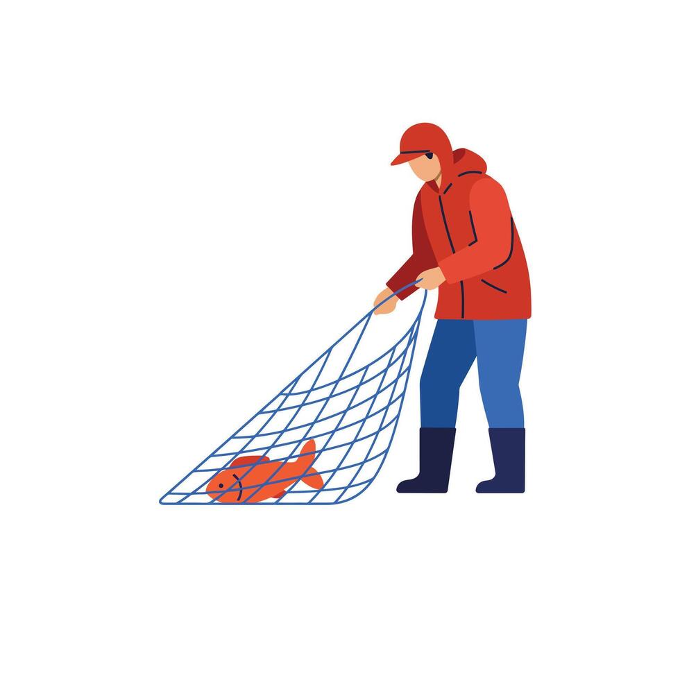 Fisherman catching a fish with a net in flat art style illustration vector