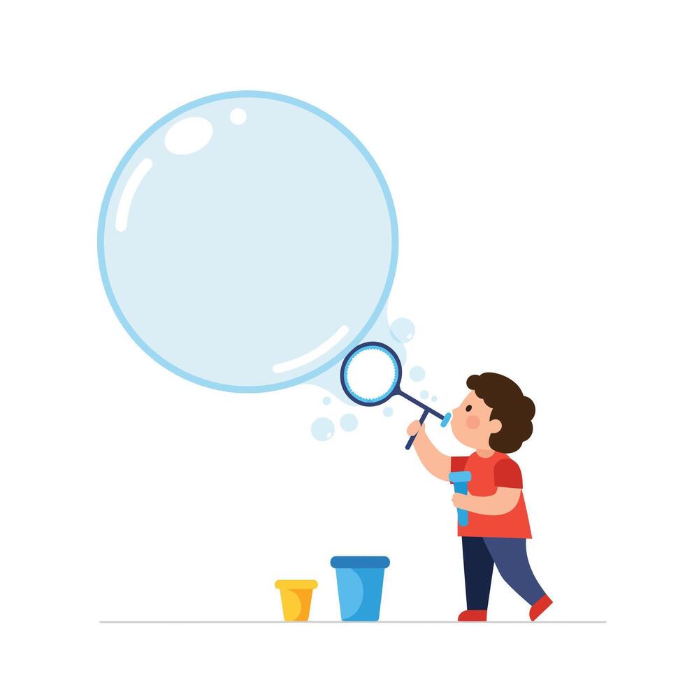 Child blowing large soap bubble in minimal flat design art vector