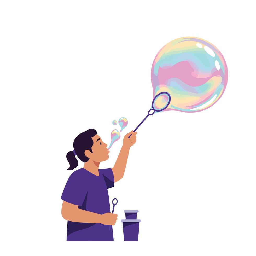 Person blowing a large bubble in a colorful flat illustration vector