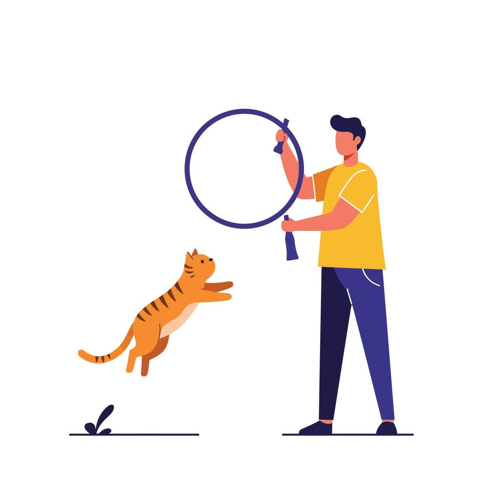 Cat jumping through hoop with person in flat minimal illustration vector