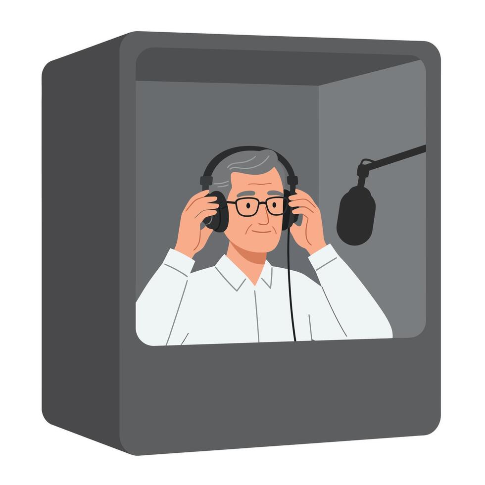 Elderly man wearing headphones in sound booth flat illustration vector