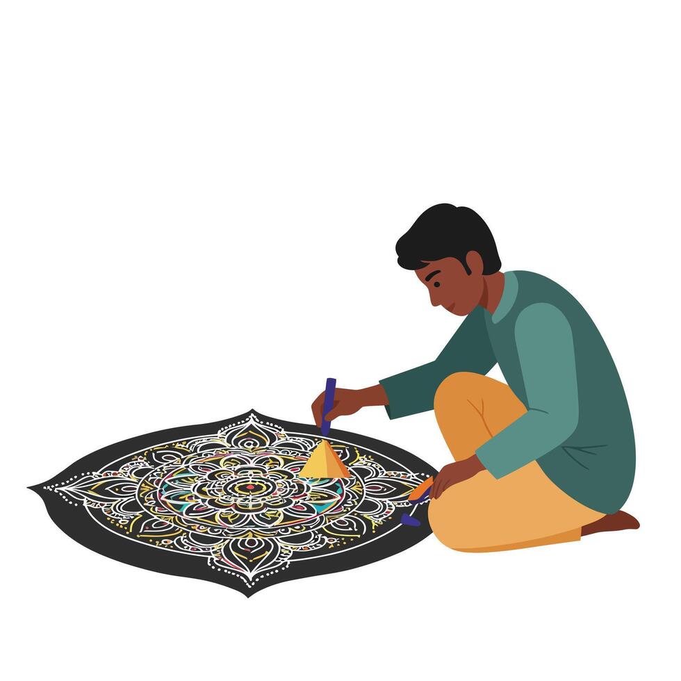 Man creating intricate colorful design with vibrant patterns in flat art vector
