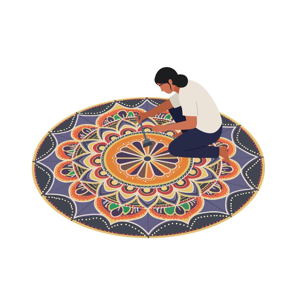Person creating intricate mandala design in flat, colorful style art vector