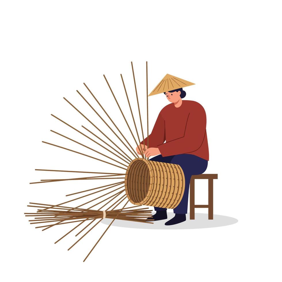 Craftsperson weaving a basket in a minimal flat design illustration vector