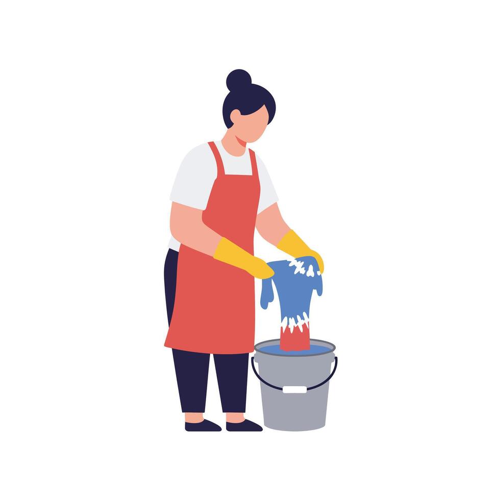 Woman washing clothes with bucket in minimal flat design art vector
