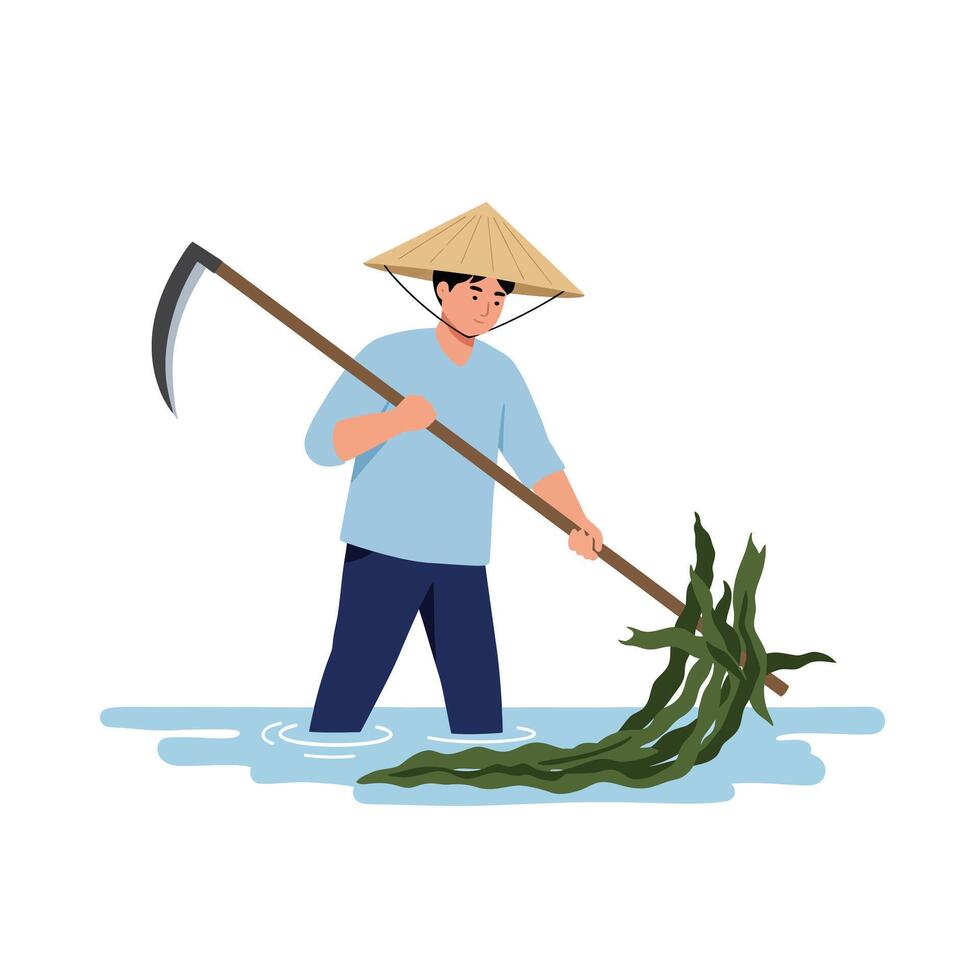 Fisherman harvesting aquatic plants in a serene water setting, flat illustration vector