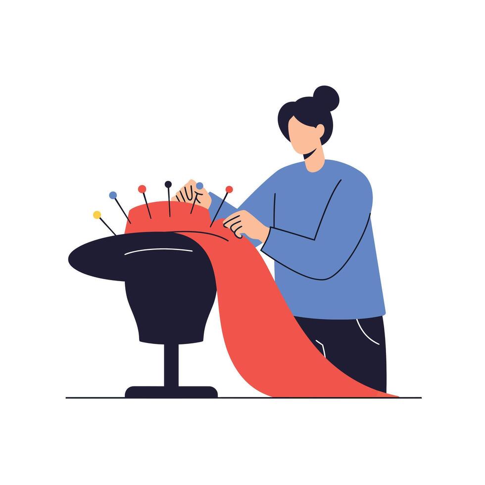 Seamstress working on fabric with pins in detailed flat art vector