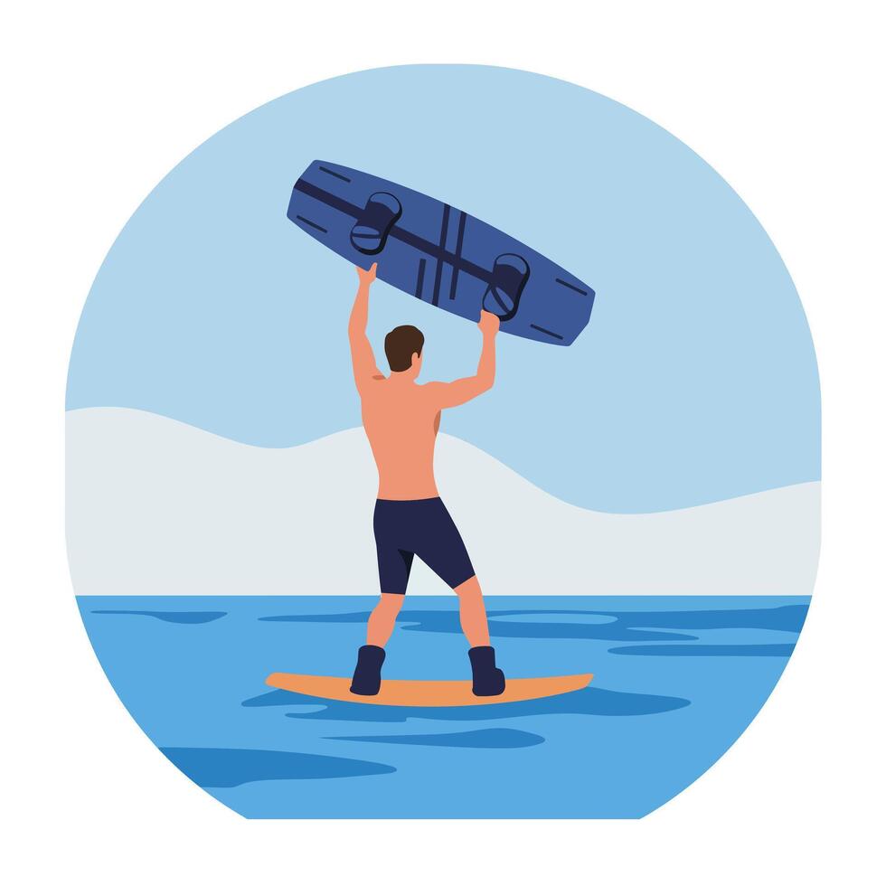Man surfing on water with raised surfboard in flat art vector