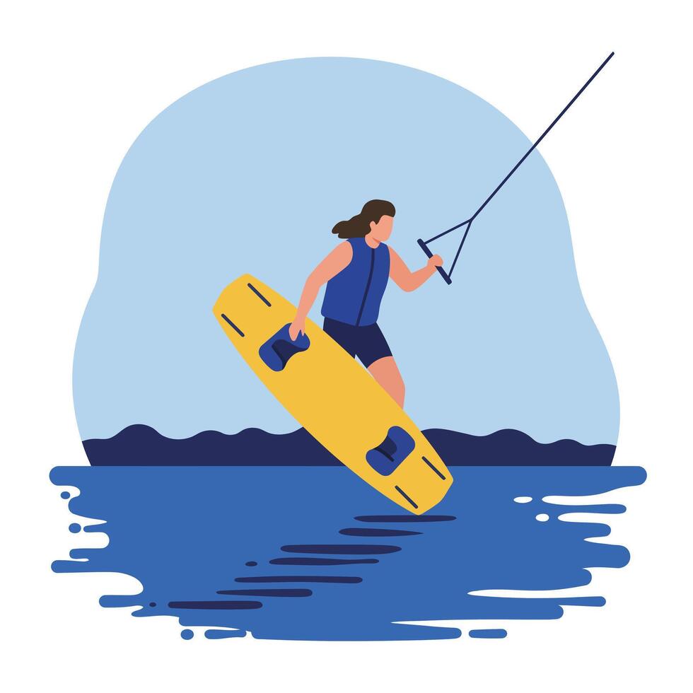 Person performing wakeboarding trick over water in flat illustration vector