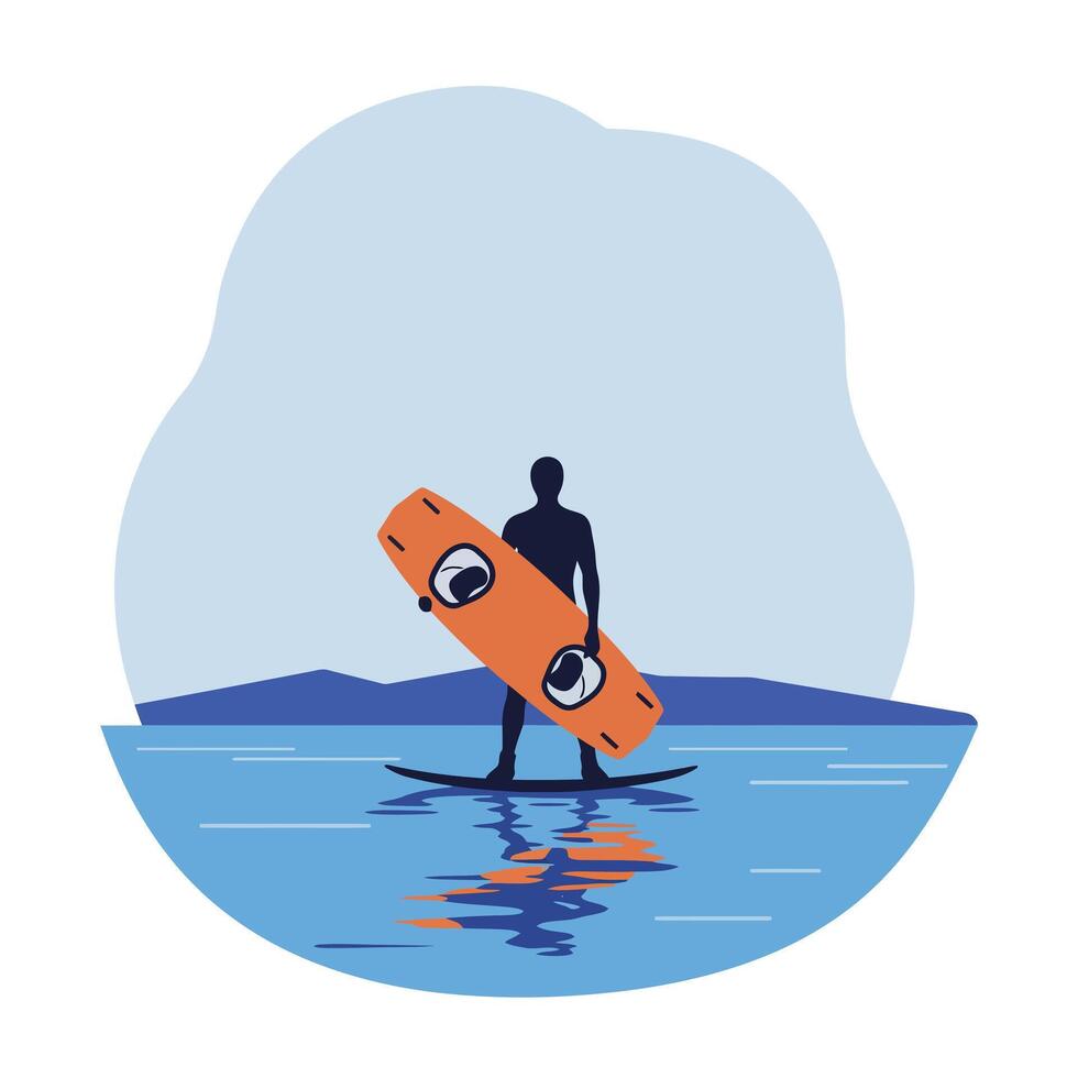 Silhouette of a wakeboarder holding a board in flat art vector