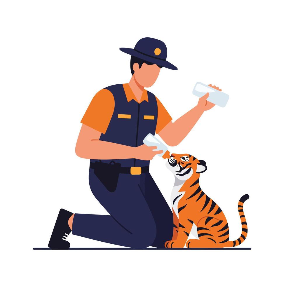 Caregiver feeding playful tiger with bottle in flat art vector