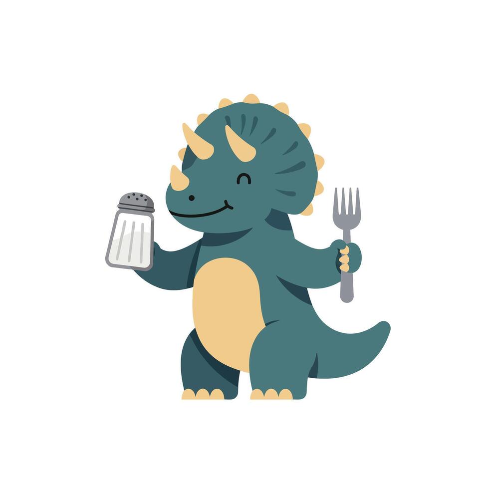 Cute dinosaur character holding fork and salt shaker in flat art vector