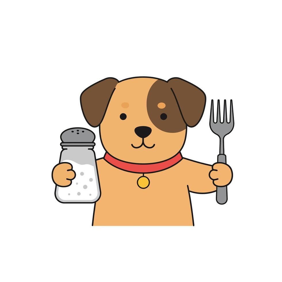Cute dog holding salt shaker and fork in flat art style vector