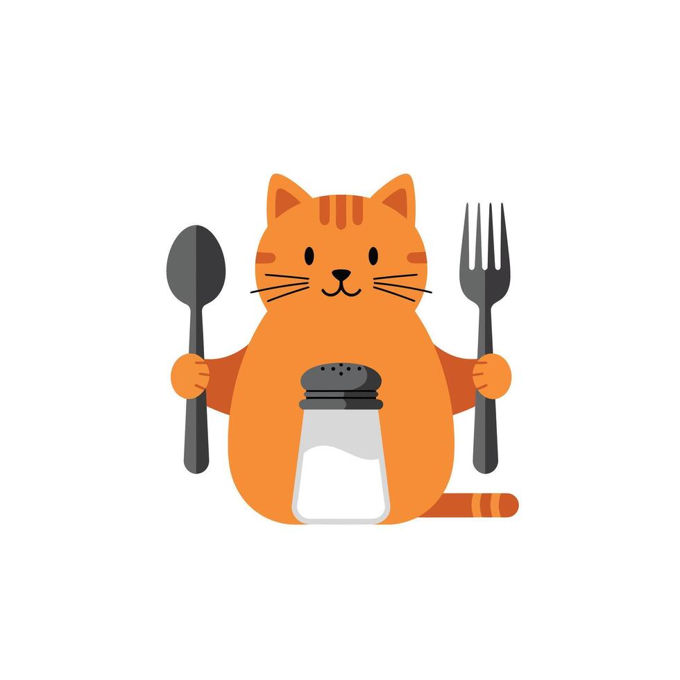 Cute orange cat holding spoon and fork in flat art style vector