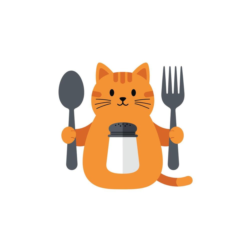 Cute orange cat holding spoon and fork in flat illustration vector