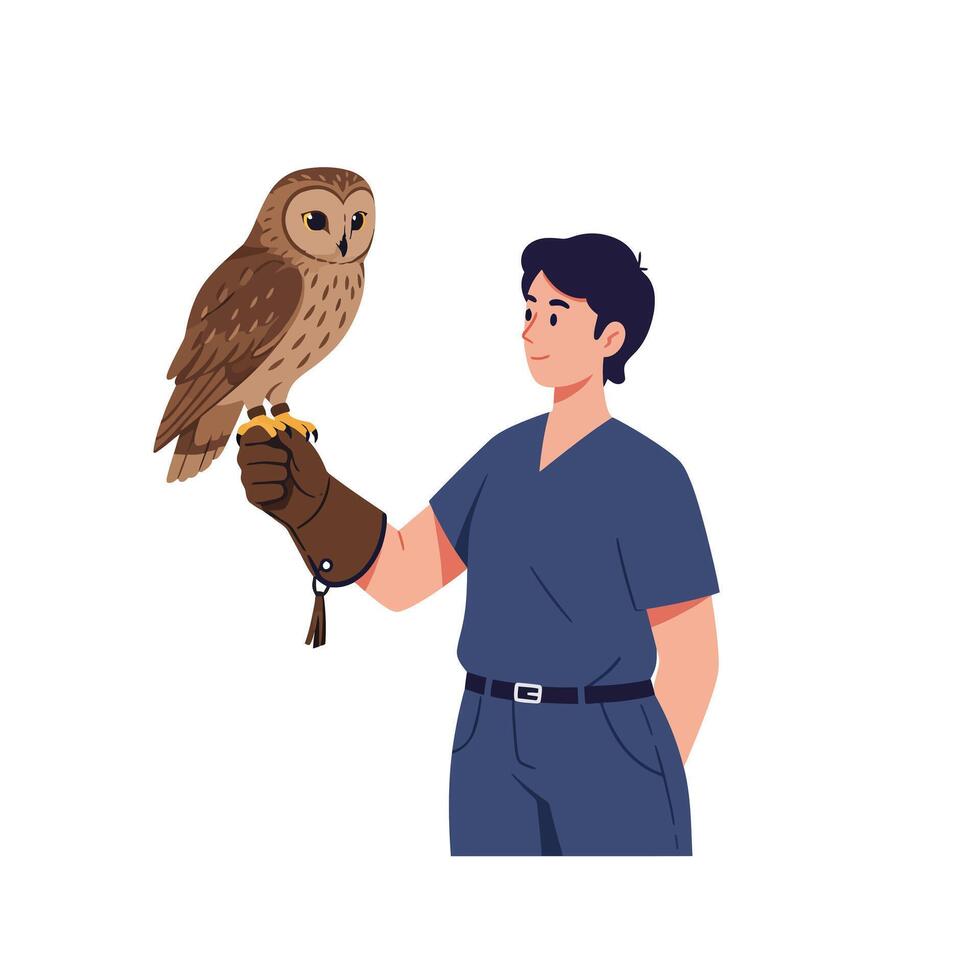 Person holding a detailed owl on glove in flat art vector