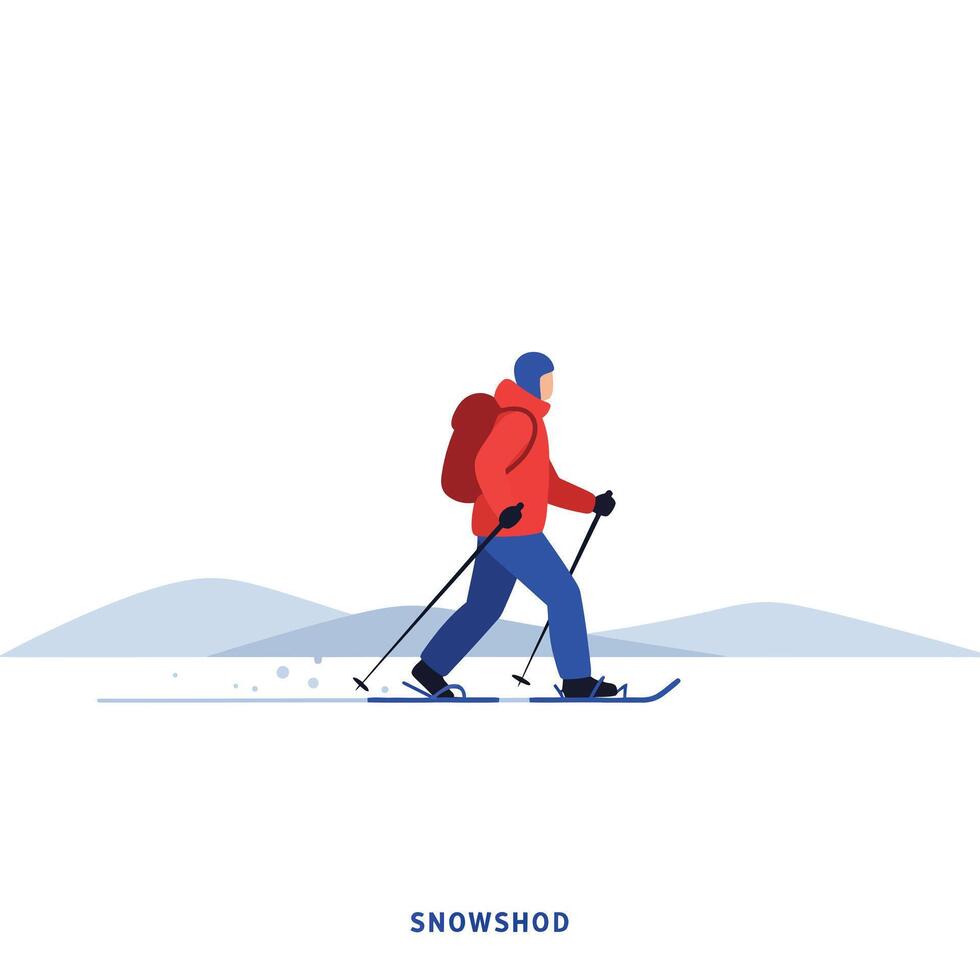 Skier in red jacket traversing snowy landscape in flat art vector