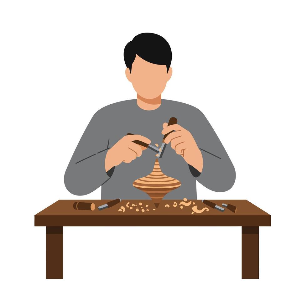 Woodworker shaping a spinning top in flat minimalist illustration vector