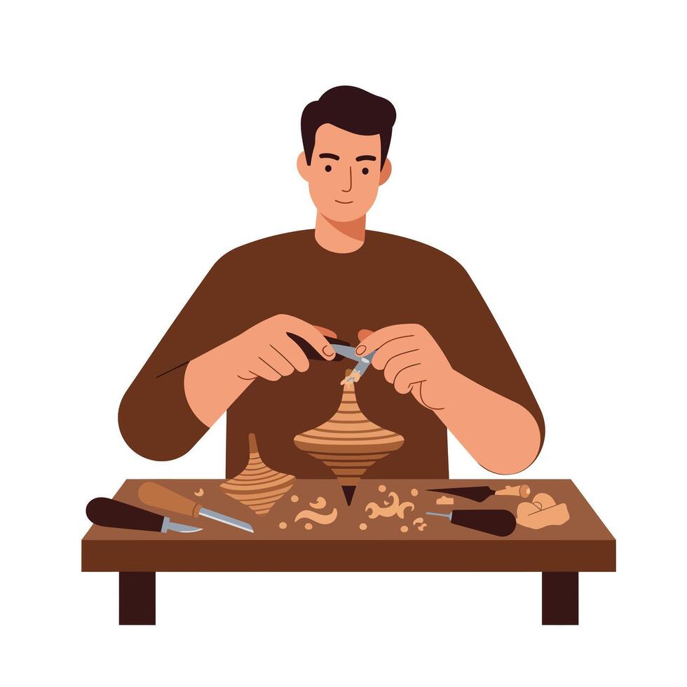 Man carving wooden objects in a detailed flat design illustration vector