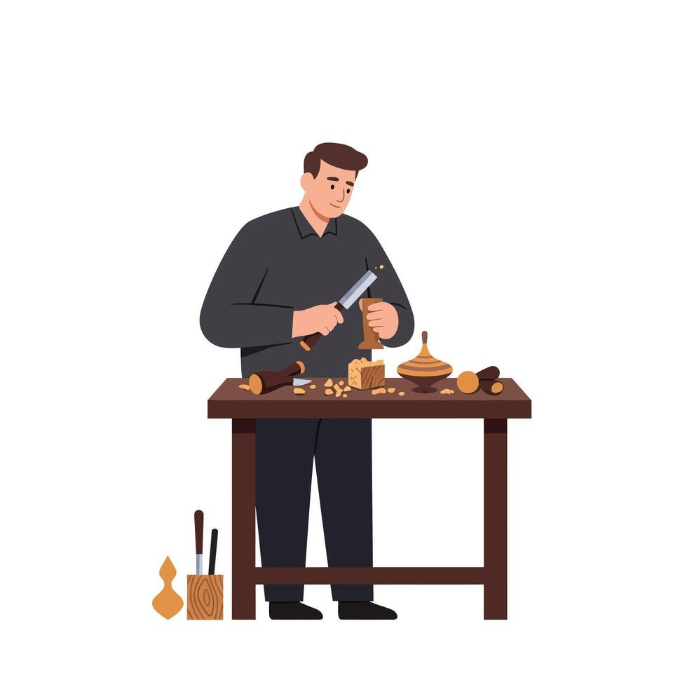 Woodworker focused on crafting with tools in flat illustration vector