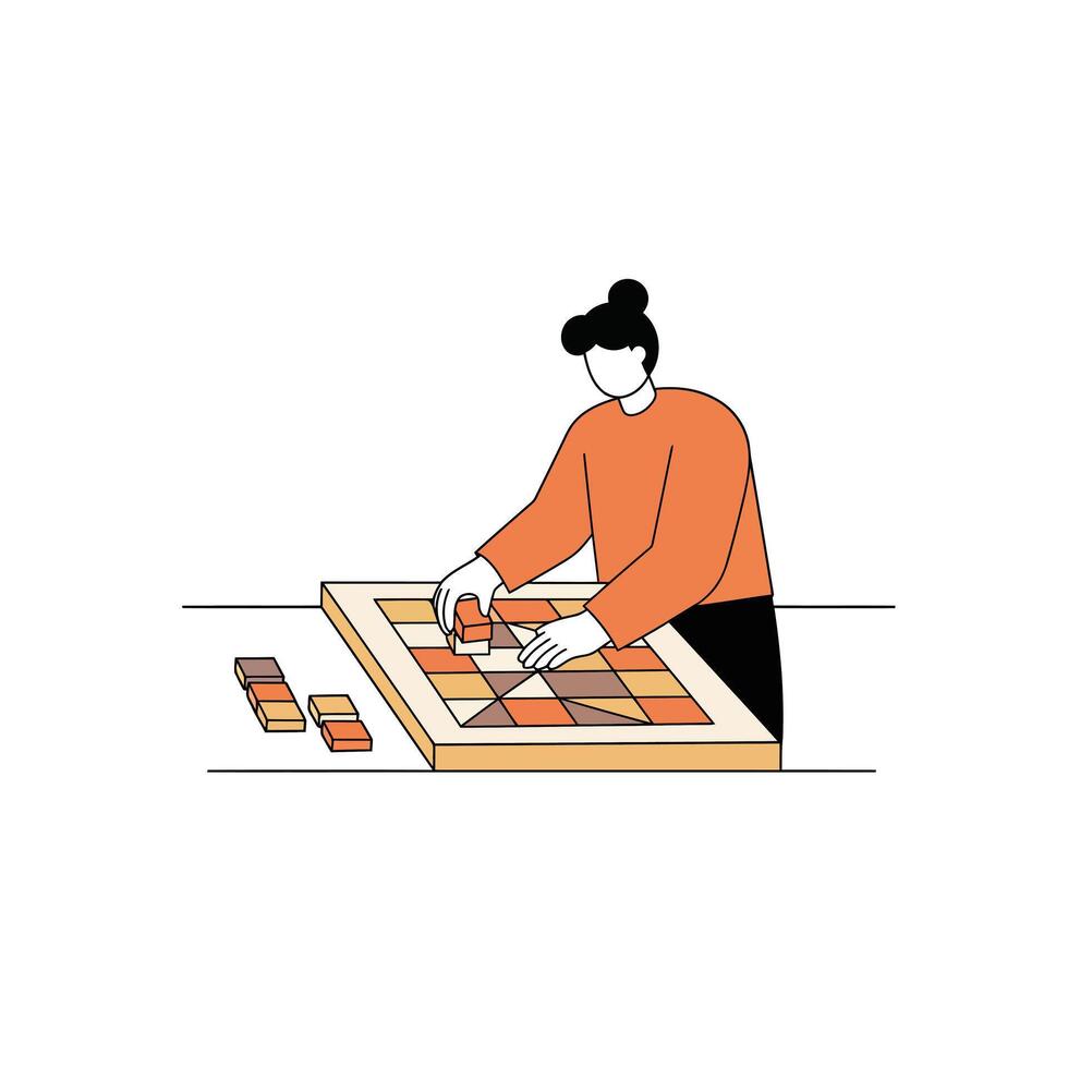 Person assembling colorful blocks on a table in minimal art vector