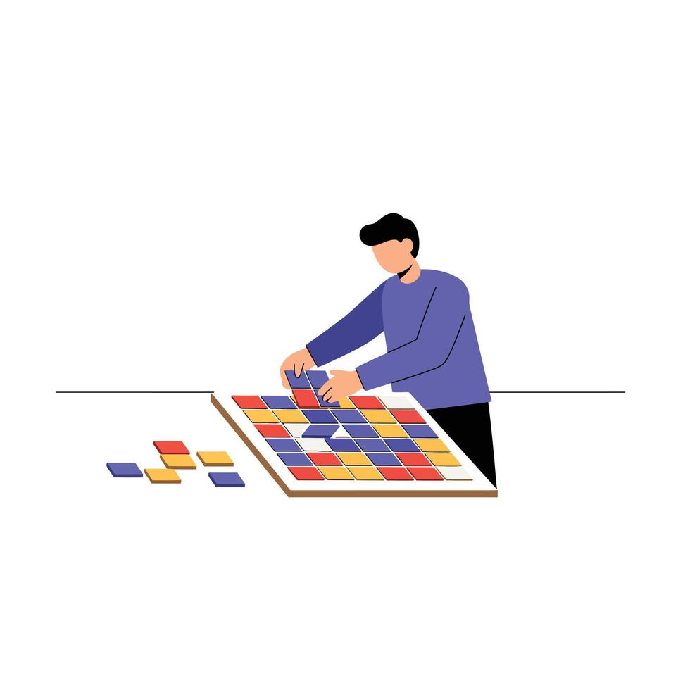 Person arranging colorful tiles on a board in flat art vector